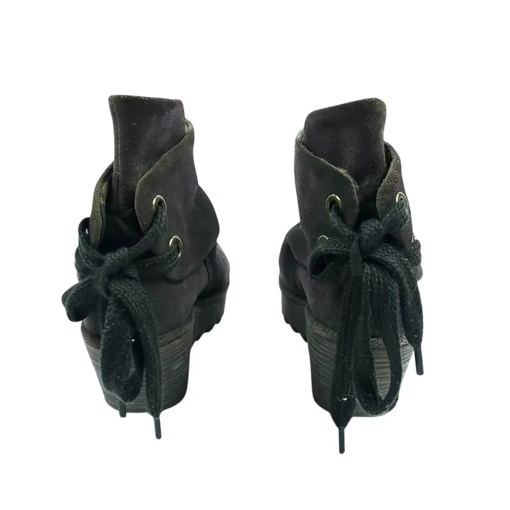 Fly London Yama Booties EU 37 Gray Suede Leather Lace Up Ankle Wedge Boots